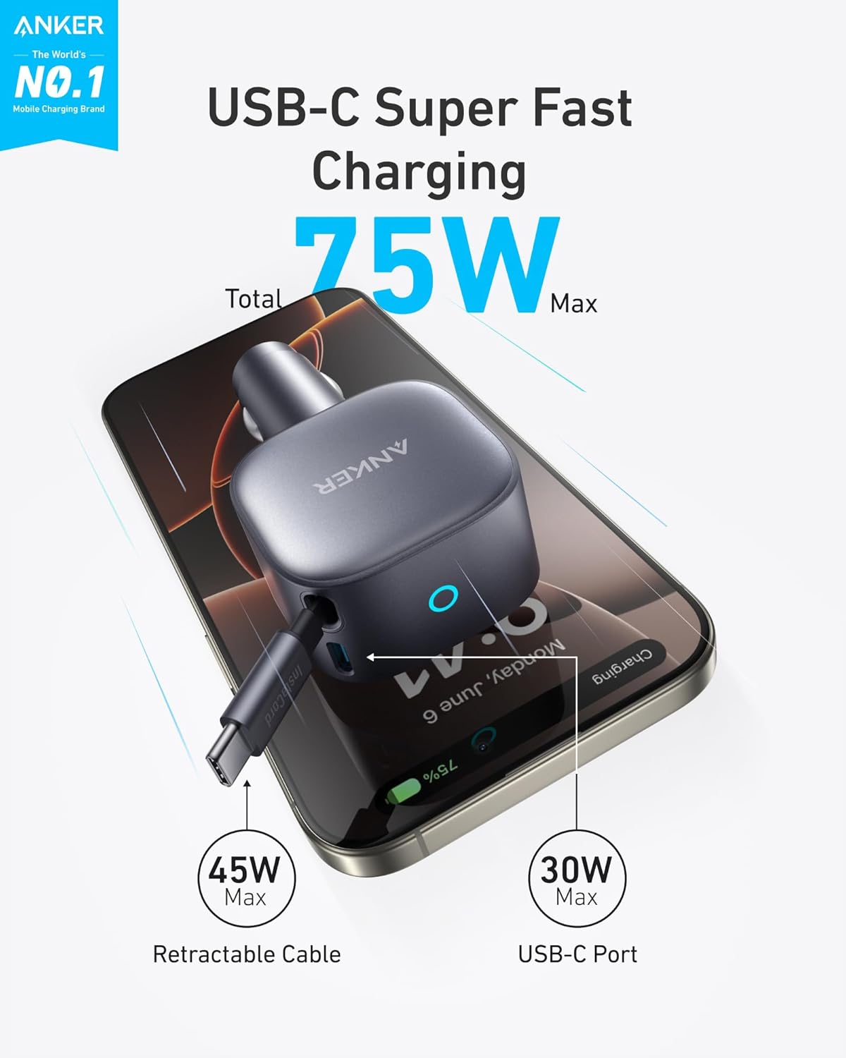 ANKER 335 67W Car Charger with 3ft Type-C Cable