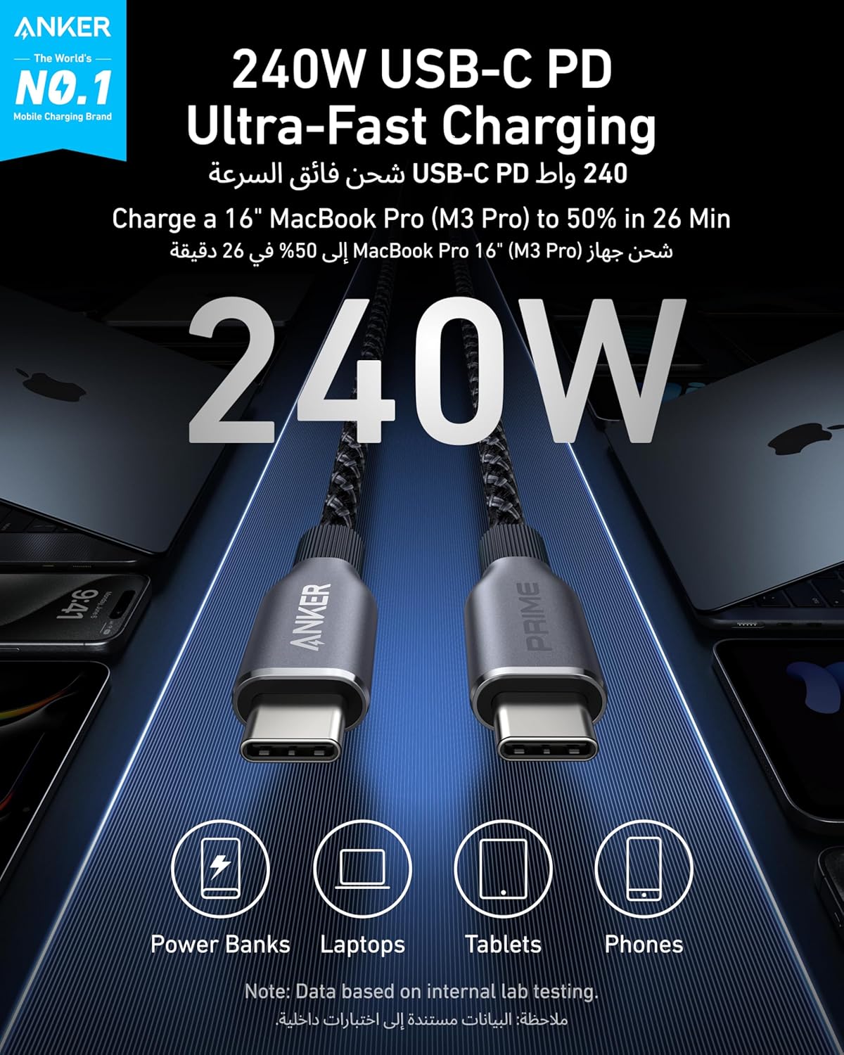 Anker Prime USB-C to USB-C Cable (3 ft / 6 ft, 240W, Upcycled-Braided)